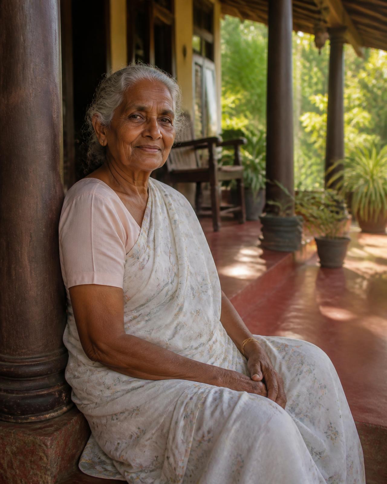 An elderly Sri Lankan mother sitting on the veranda of her home in the afternoon light